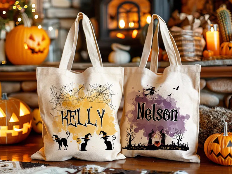 Personalized Halloween Tote Bag, Custom Name Trick or Treat Bag, Gothic Witch Pumpkin Candy Bag, Spooky Kids Halloween Gift Tote. HLWTBPETAL5