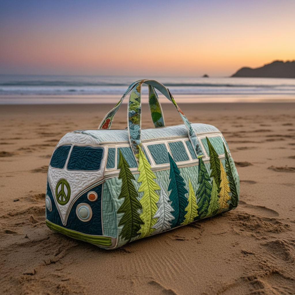 Forest Camper Van Quilted Duffle Bag – Pine Tree Nature Travel Weekender Tote, Boho Outdoor Overnight Bag, Cute Adventure Duffel Gift for Women