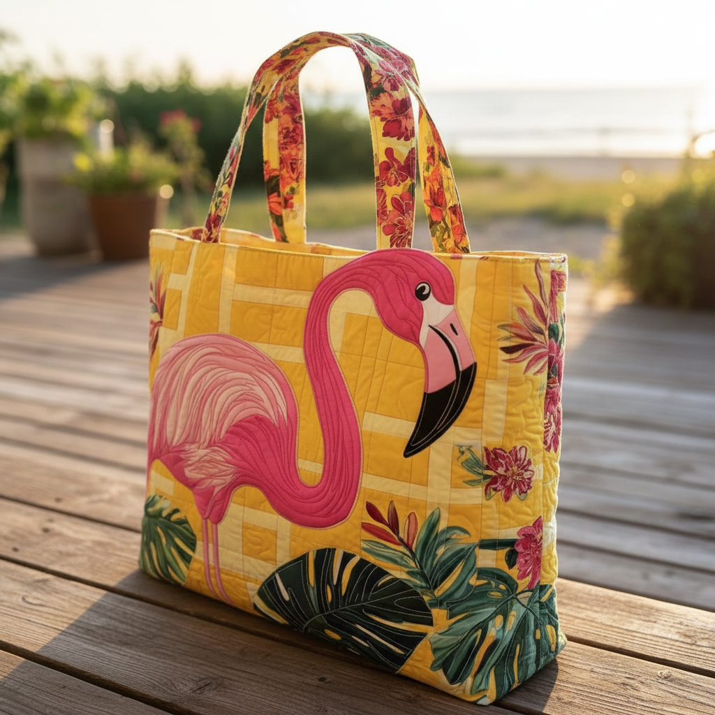 Pink Flamingo Quilted Tote Bag – Tropical Floral Shoulder Bag, Summer Beach Market Tote, Cute Vacation Gift for Women