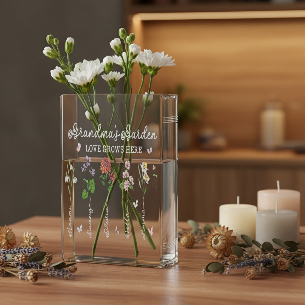 Personalized Birth Month Flower Book Vase – Grandma’s Garden Design, Thoughtful Mother’s Day Gift for Grandma, Floral Home Decor Keepsake