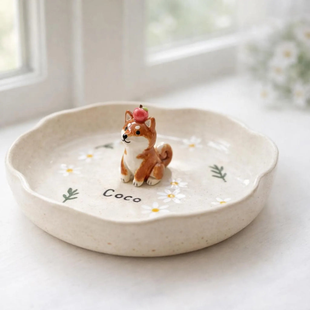 Custom 3D Pet Ring Dish, Daisy Ceramic Jewelry Tray, Hand-sculpted Dog Portrait Trinket Bowl. CPPETAL02