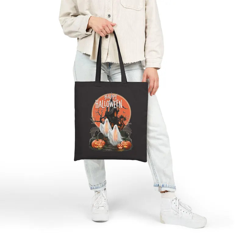 Happy Halloween Tote Bag, Haunted House Ghost Canvas Bag, Pumpkin Trick or Treat Bag, Spooky Season Halloween Gift Tote. HLWTBPETAL8