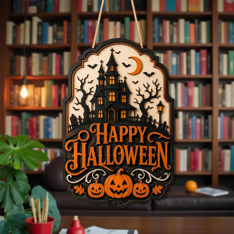 Halloween Door Sign, Haunted House Wood Hanger, Spooky Pumpkin Decor, Happy Halloween Wall Decor. HLWDHPETAL05