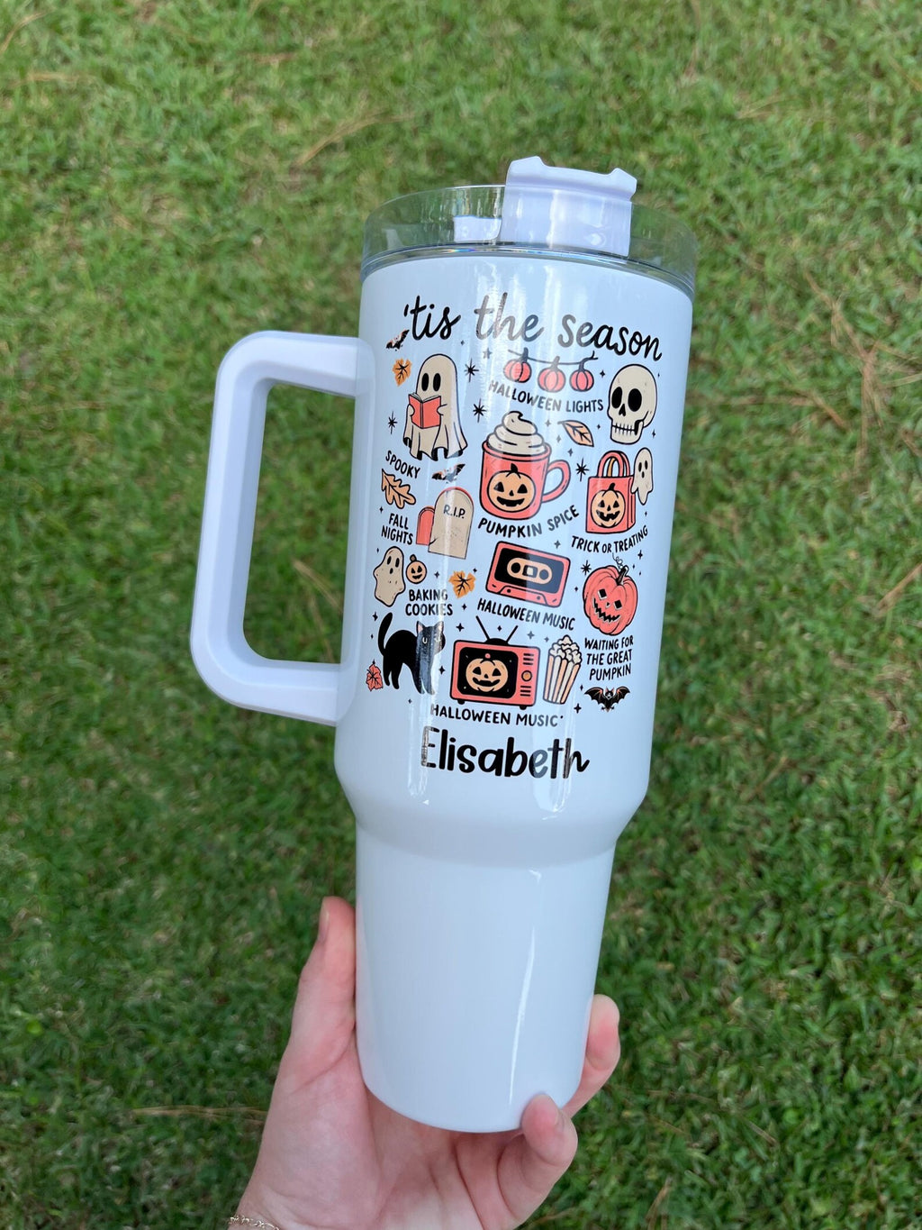 Spooky season 40oz tumbler, halloween 40oz tumbler with handle, pumpkin and skeleton tumbler for halloween, boo basket gift for her. TBLPETAL8
