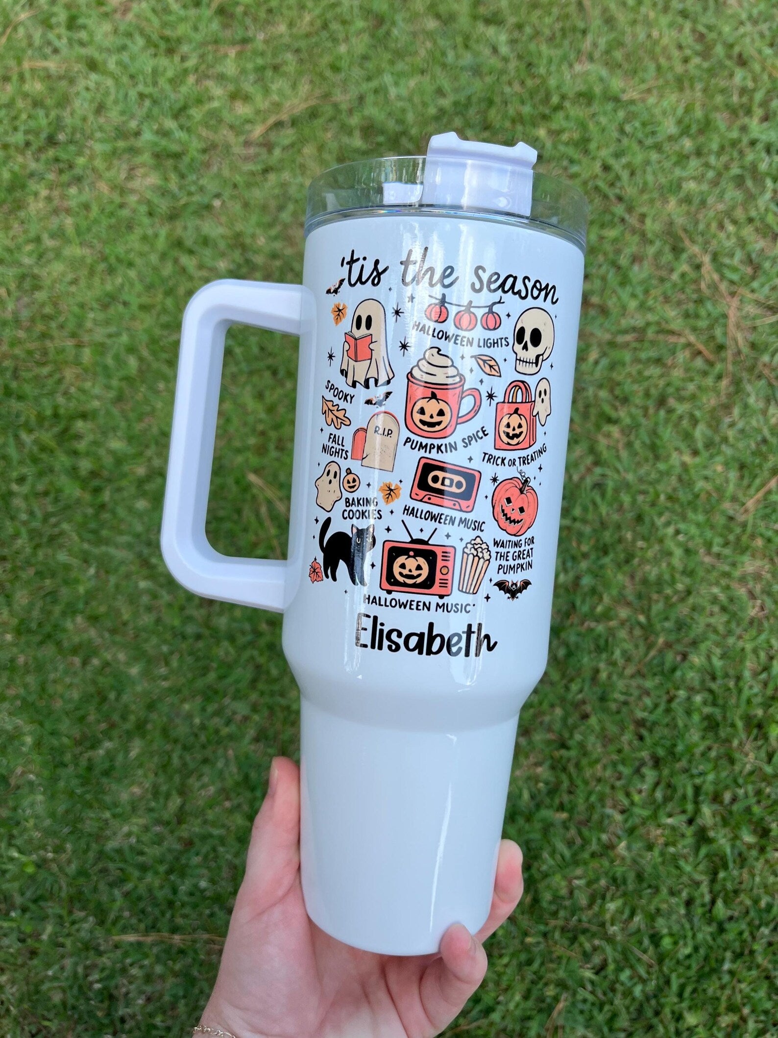 Spooky season 40oz tumbler, halloween 40oz tumbler with handle, pumpkin and skeleton tumbler for halloween, boo basket gift for her. TBLPETAL8