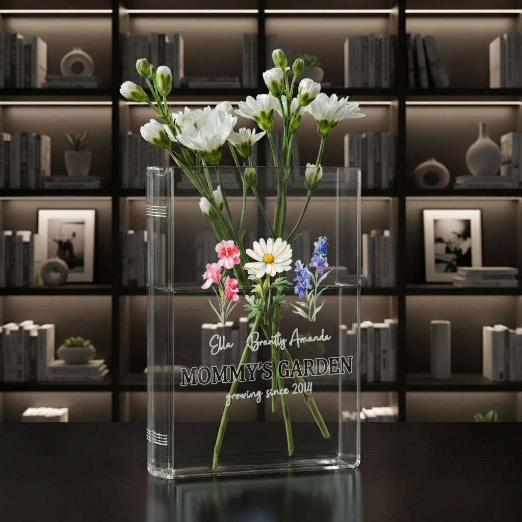 Personalized Birth Month Flower Book Vase – Custom Ceramic Pot, Thoughtful Gift for Mom, Grandma, or Nana