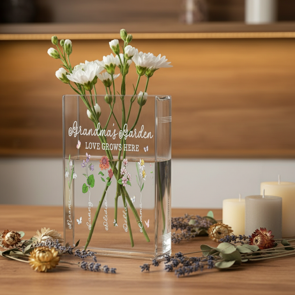 Personalized Birth Month Flower Book Vase – Grandma’s Garden Design, Thoughtful Mother’s Day Gift for Grandma, Floral Home Decor Keepsake