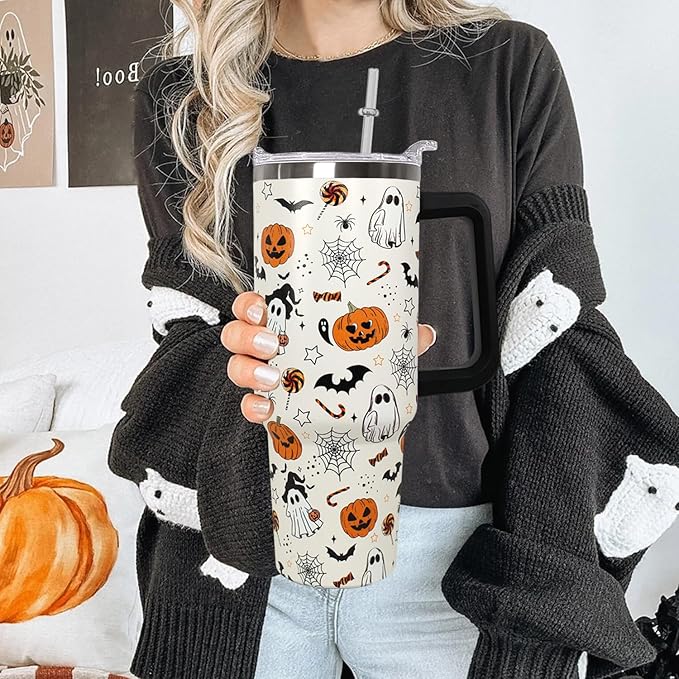 Ceovfoi 40 oz Halloween Pumpkin Tumbler Insulated Stainless Water Bottle Travel Coffee Cup, Water Bottle - Goth Ghost Witch Decor Gift for Women. TBLPETAL13