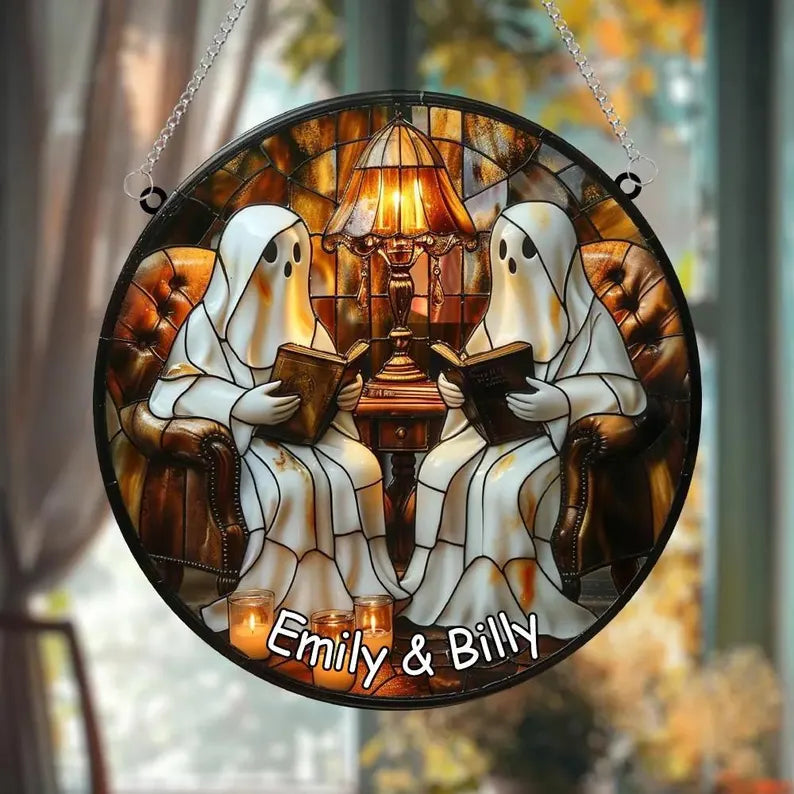 Reading Ghost Couple Acrylic Suncatcher, Cozy Library Faux Stained Glass Halloween Window Decor, Bookish Ghost Gift for Readers. HSPETAL11