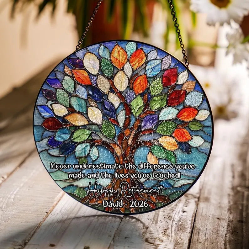 Tree of Life Retired Glass Suncatcher, Personalized Retirement Gift 2026, Farewell Gift for Teacher, Nurse, Coworker, Retirement Keepsake. SUNPETAL03
