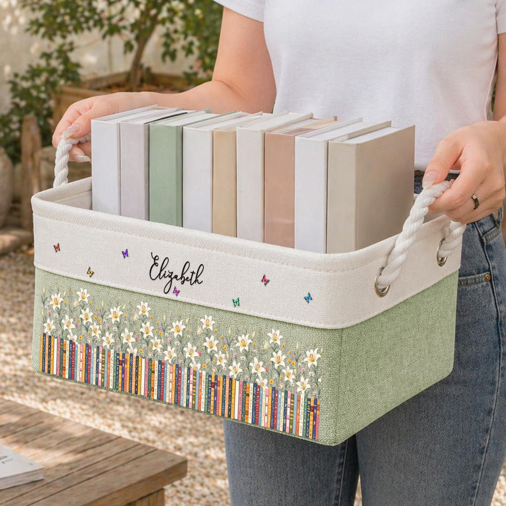 Custom Birth Flower Book Basket With Name, Floral Canvas Storage Bin, Book Lover Decor, Personalized Organizing Basket, Gift For Librarian. BBPETAL1