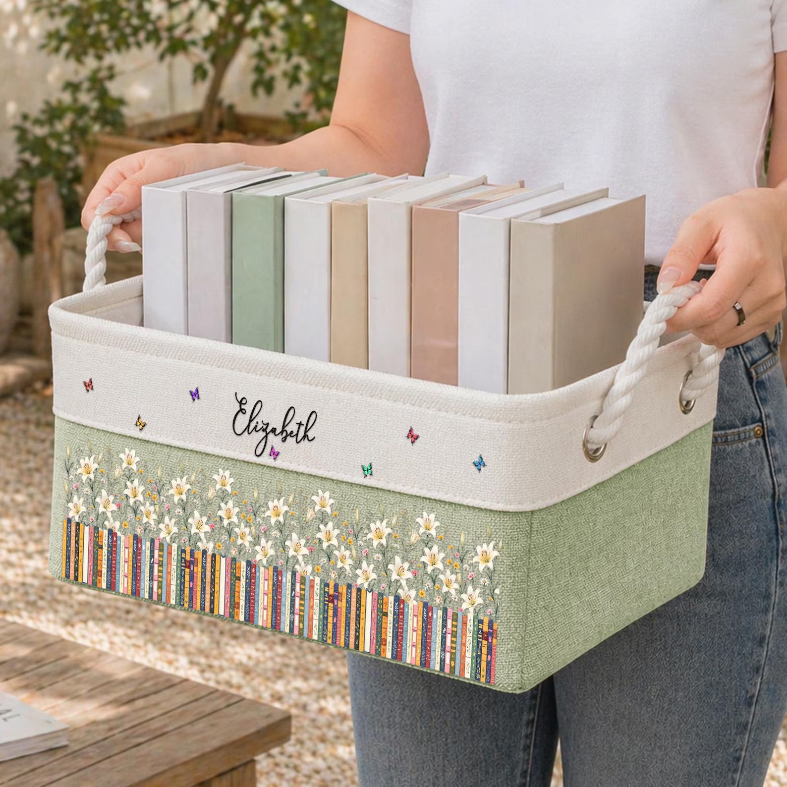 Custom Birth Flower Book Basket With Name, Floral Canvas Storage Bin, Book Lover Decor, Personalized Organizing Basket, Gift For Librarian. BBPETAL1