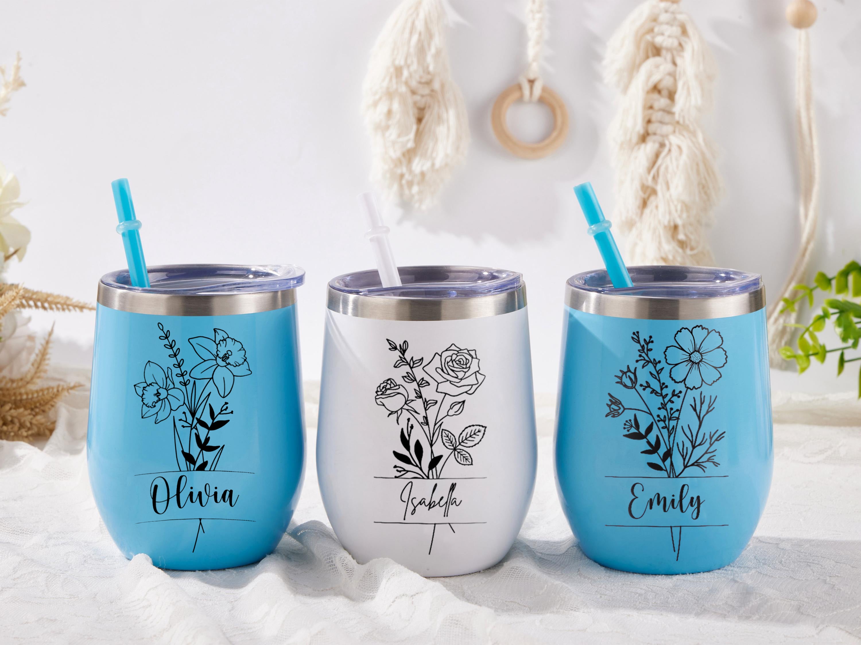 Personalized Birth Flower Wine Tumbler, Custom Stainless Steel Edged Cup with Name, Floral Birthday Gift for Her
