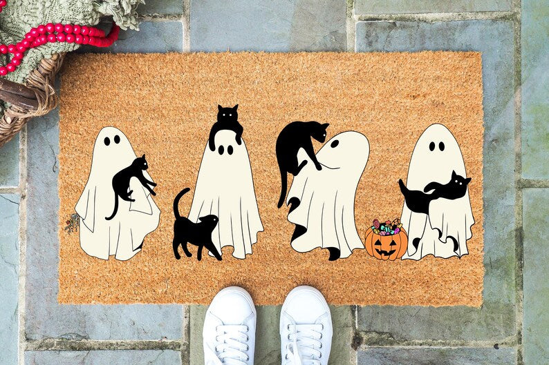 Ghost and Black Cat Doormat, Quirky Coir Entry Rug, Halloween Porch Mat. Halloween Doormat Baby Boo Decor Outdoor. DMPETAL2
