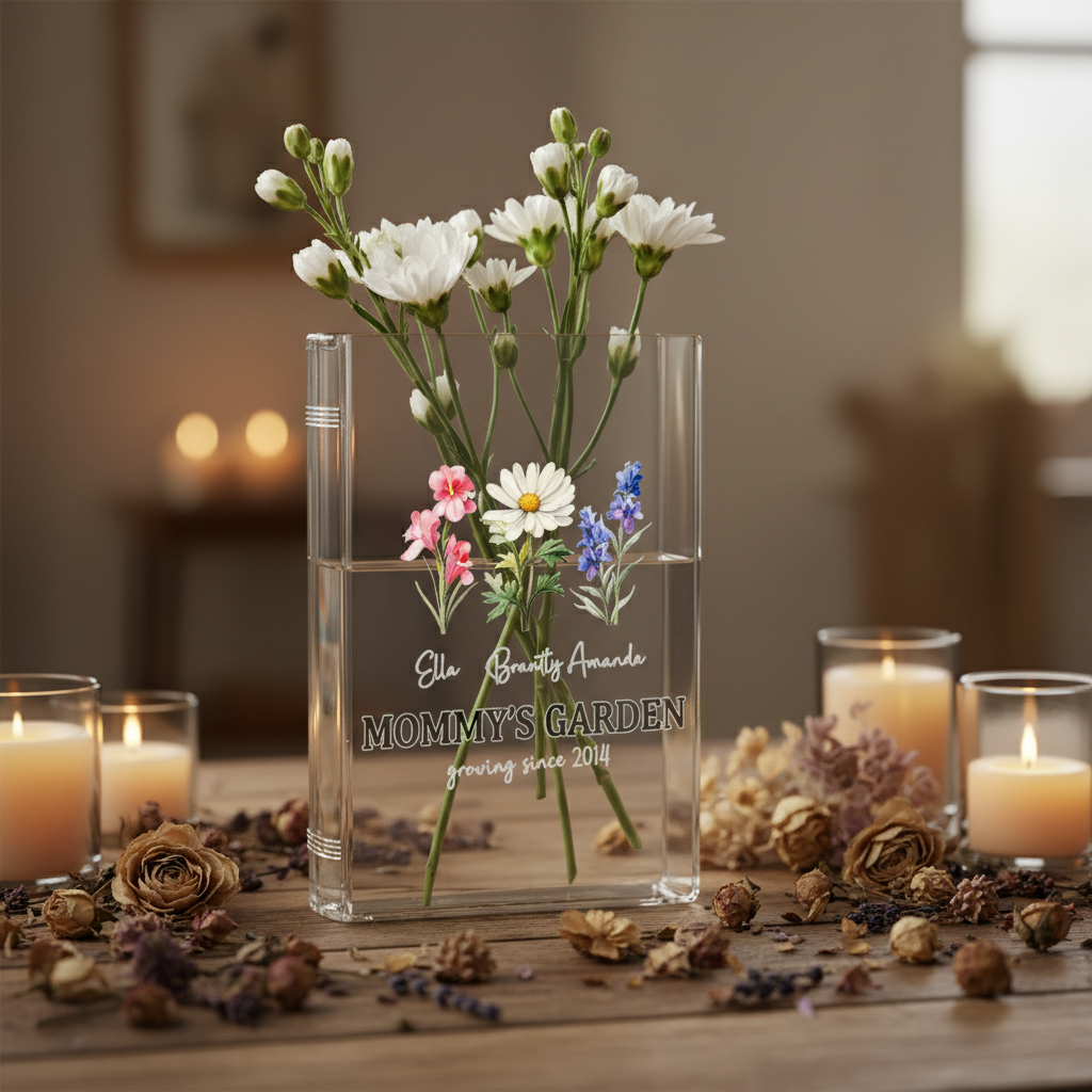 Personalized Birth Month Flower Book Vase – Custom Ceramic Pot, Thoughtful Gift for Mom, Grandma, or Nana