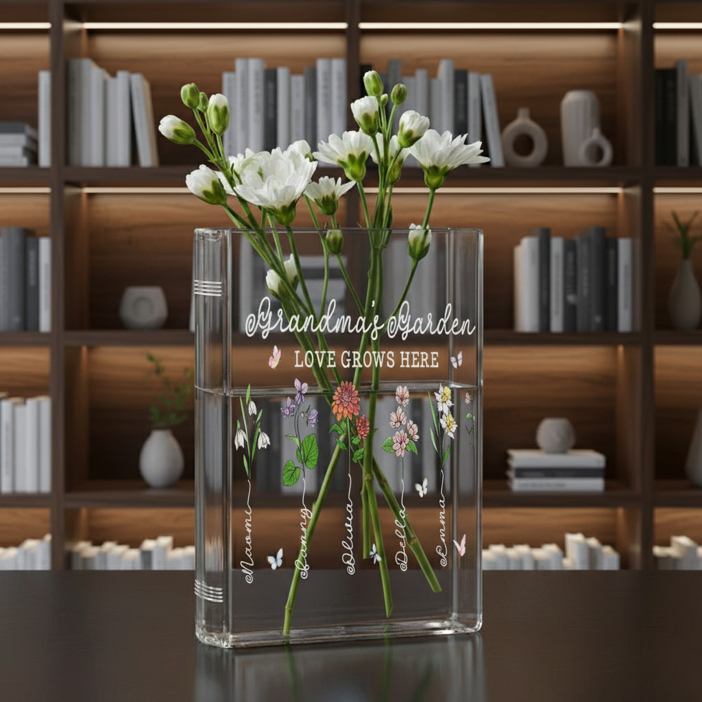 Personalized Birth Month Flower Book Vase – Grandma’s Garden Design, Thoughtful Mother’s Day Gift for Grandma, Floral Home Decor Keepsake
