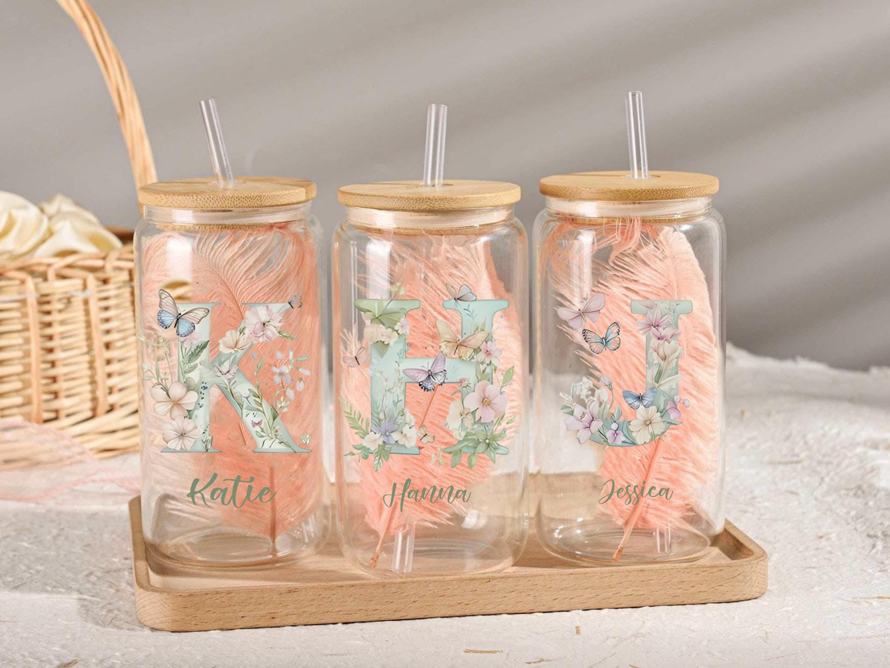 Personalized Flower Alphabet Glass Cup with Bamboo Lid and Straw, Custom Initial Letter and Name Iced Coffee Tumbler, Floral Monogram Gift for Her