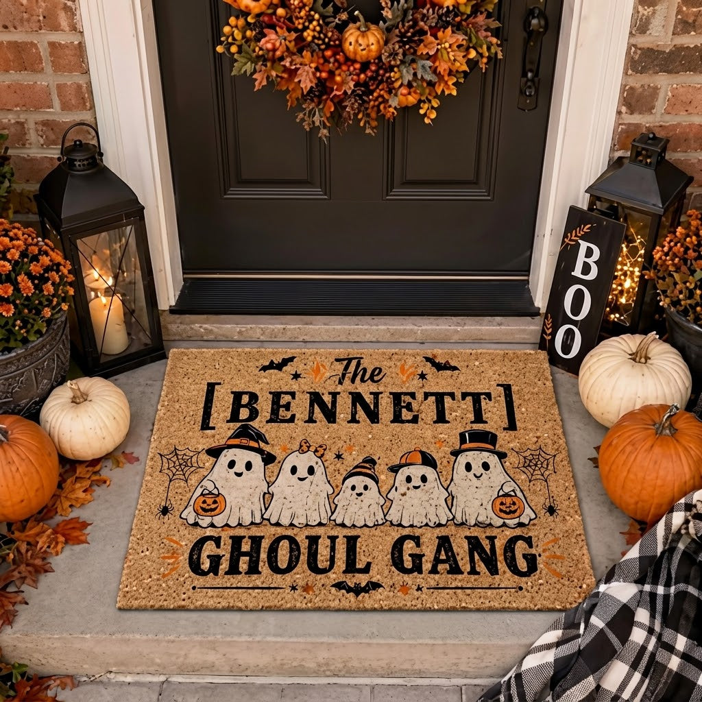 Personalized Halloween Doormat, Ghoul Gang Family Name Mat, Custom Ghost Doormat, Fall Porch Decor, Halloween Welcome Mat Gift. DMPETAL14