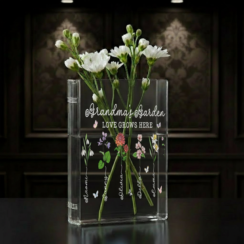 Personalized Birth Month Flower Book Vase – Grandma’s Garden Design, Thoughtful Mother’s Day Gift for Grandma, Floral Home Decor Keepsake