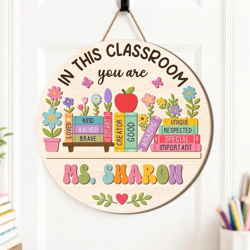 Custom Teacher Name Floral Door Sign, Personalized Classroom Door Hanger, 3D Wooden Decoration, Back to School Gift, Teacher Gifts. DHPETAL03