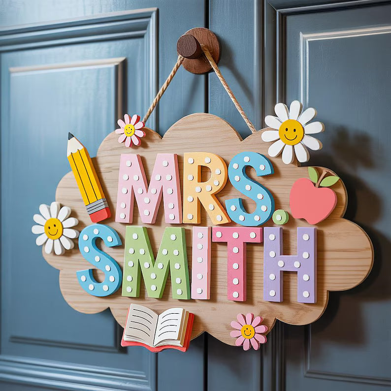 Personalized Teacher 3D Wooden Door Sign, Teacher Door Hanger, Cute Teacher Door Sign, Teacher Gift, Custom Teacher Name, Classroom Decor. DHPETAL13