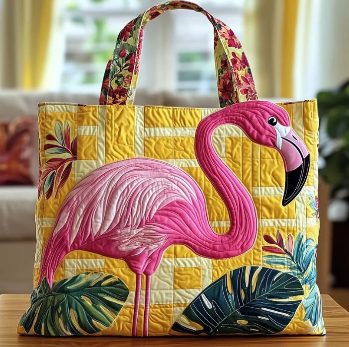Pink Flamingo Quilted Tote Bag – Tropical Floral Shoulder Bag, Summer Beach Market Tote, Cute Vacation Gift for Women
