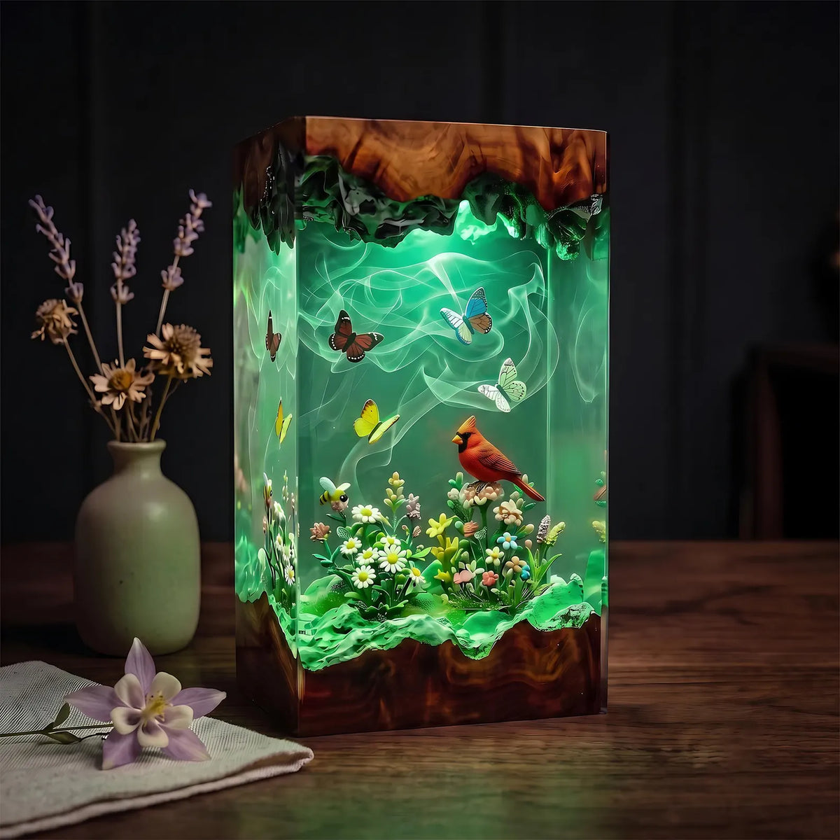 Red Cardinal Memorial Resin Lamp, Heavenly Garden Scene, Butterfly and Floral Night Light, Handmade Epoxy Decor, Christmas Gift. RLPETAL14