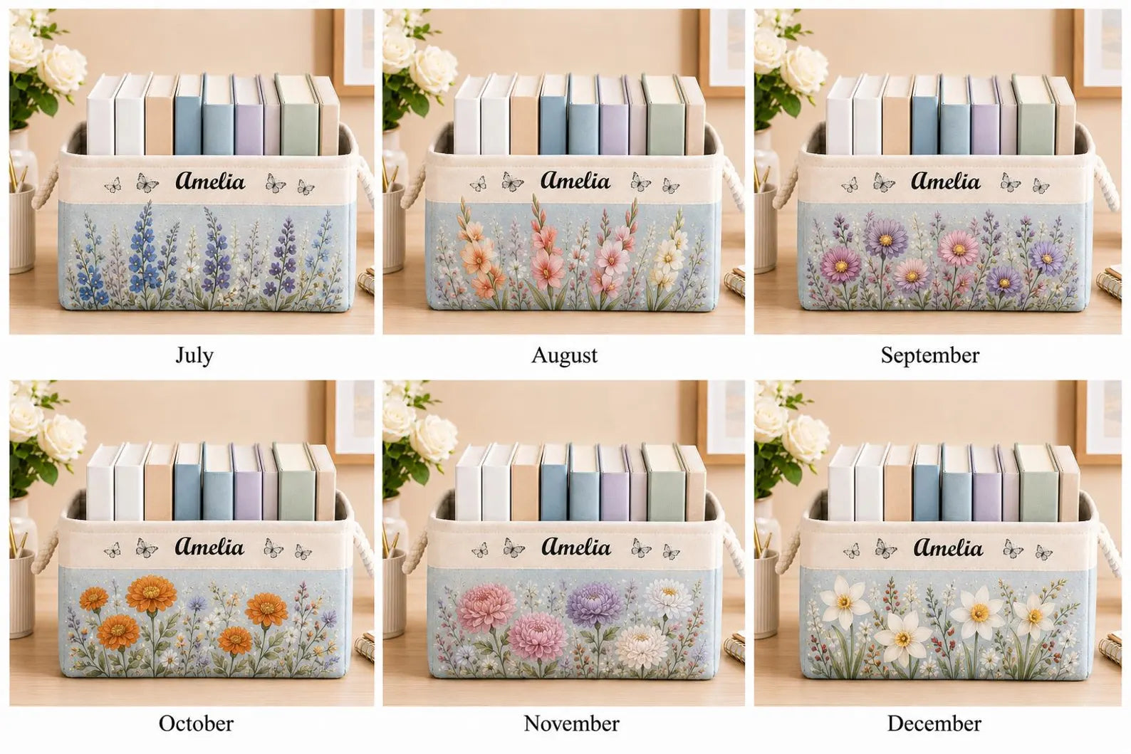 Personalized Birth Month Flower Book Basket, Custom Birth Flower & Name Storage Basket For Her, Wife, Daughter, Coworker, Book Lover Gift. BBPETAL3