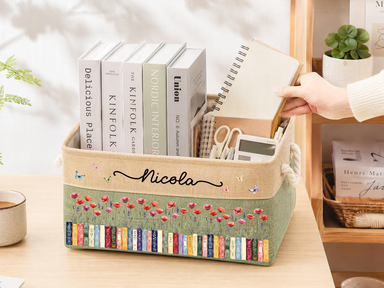 Custom Birth Flower & Name Book Basket For Her, Wife, Daughter, Sister, Coworker, Personalized Storage Basket, Book Lover Gift. BBPETAL2