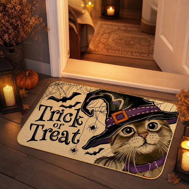 Halloween Cat Doormat Trick or Treat Witch Hat Door Mat Funny Spooky Home Decor. DMPETAL18
