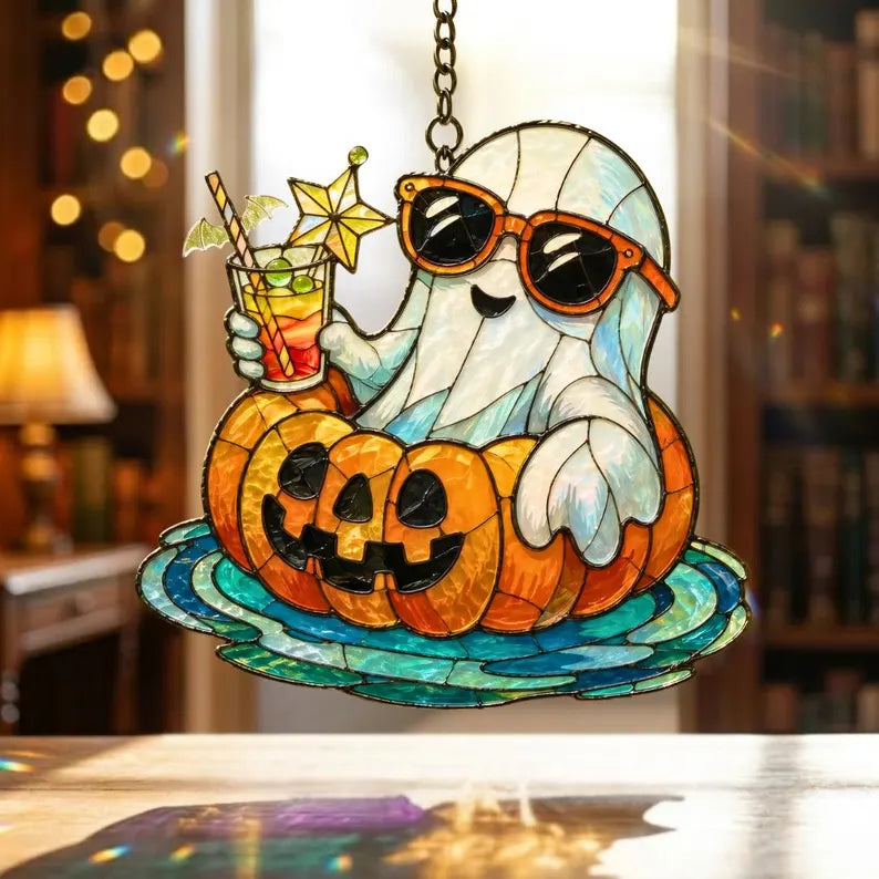 Americano Ghost Acrylic Suncatcher Window Hanging Pumpkin Decor Spooky Fall Ornament SummerWeen Suncatcher, Gift for Halloween Lovers. HSPETAL8