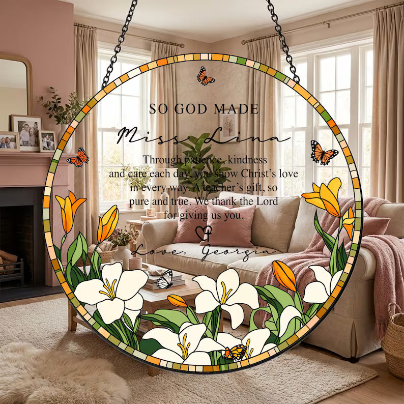 Custom Name Teacher Stained Glass Suncatcher, Personalized Thank You Teacher Gift, Christian Mentor Appreciation Window Hanging Keepsake. SUNPETAL01