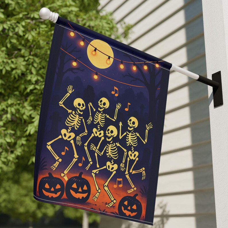 Dancing Skeletons Halloween Garden Flag, Funny Graveyard Party Decor, Spooky Skeleton Yard Sign. HLWGFPETAL3
