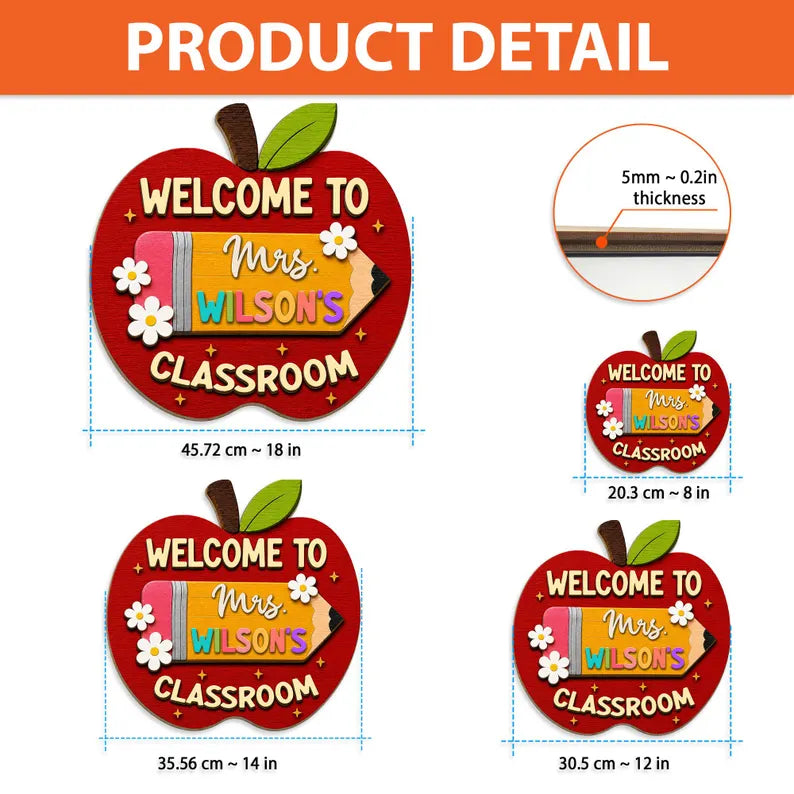 Personalized Apple Teacher Name Door Sign, Custom Welcome Door Hanger, Back to School 3D Wooden Classroom Decor, Teacher Appreciation Gifts. DHPETAL08