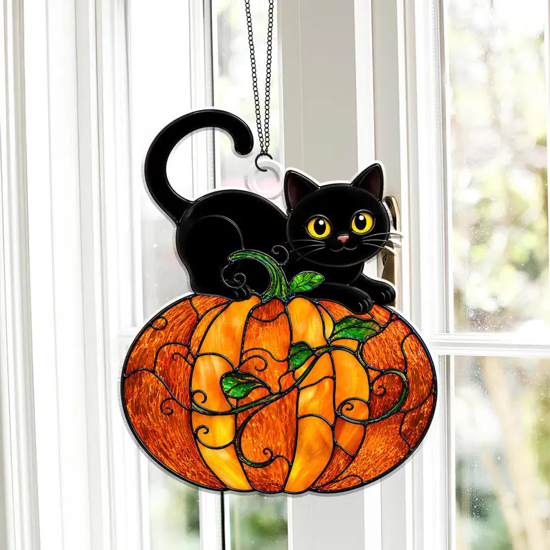 Cat And Pumpkin Acrylic Suncatcher Ornament, Halloween Suncatcher Window Hanging, Halloween Decor, Black Cat Lover Gift, Cute Halloween Gift. HSPETAL6