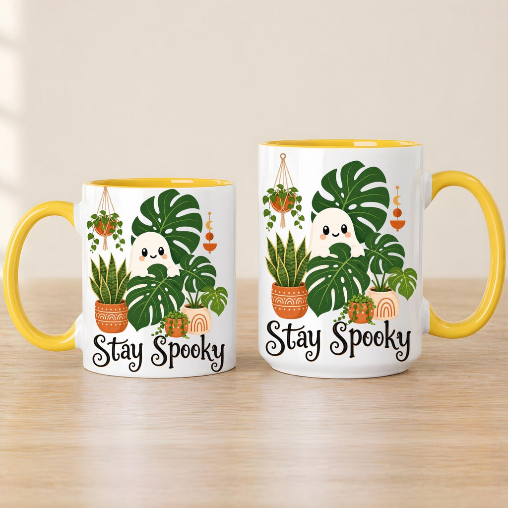 Stay Spooky Plant Ghost Mug – Cute Halloween Coffee Mug, Spooky Season Ceramic Cup, Plant Lover Halloween Gift, Ghost Mug with Black Handle. MPETAL7