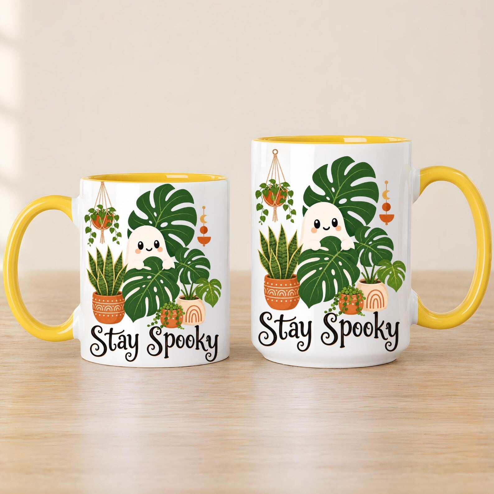 Stay Spooky Plant Ghost Mug – Cute Halloween Coffee Mug, Spooky Season Ceramic Cup, Plant Lover Halloween Gift, Ghost Mug with Black Handle. MPETAL7
