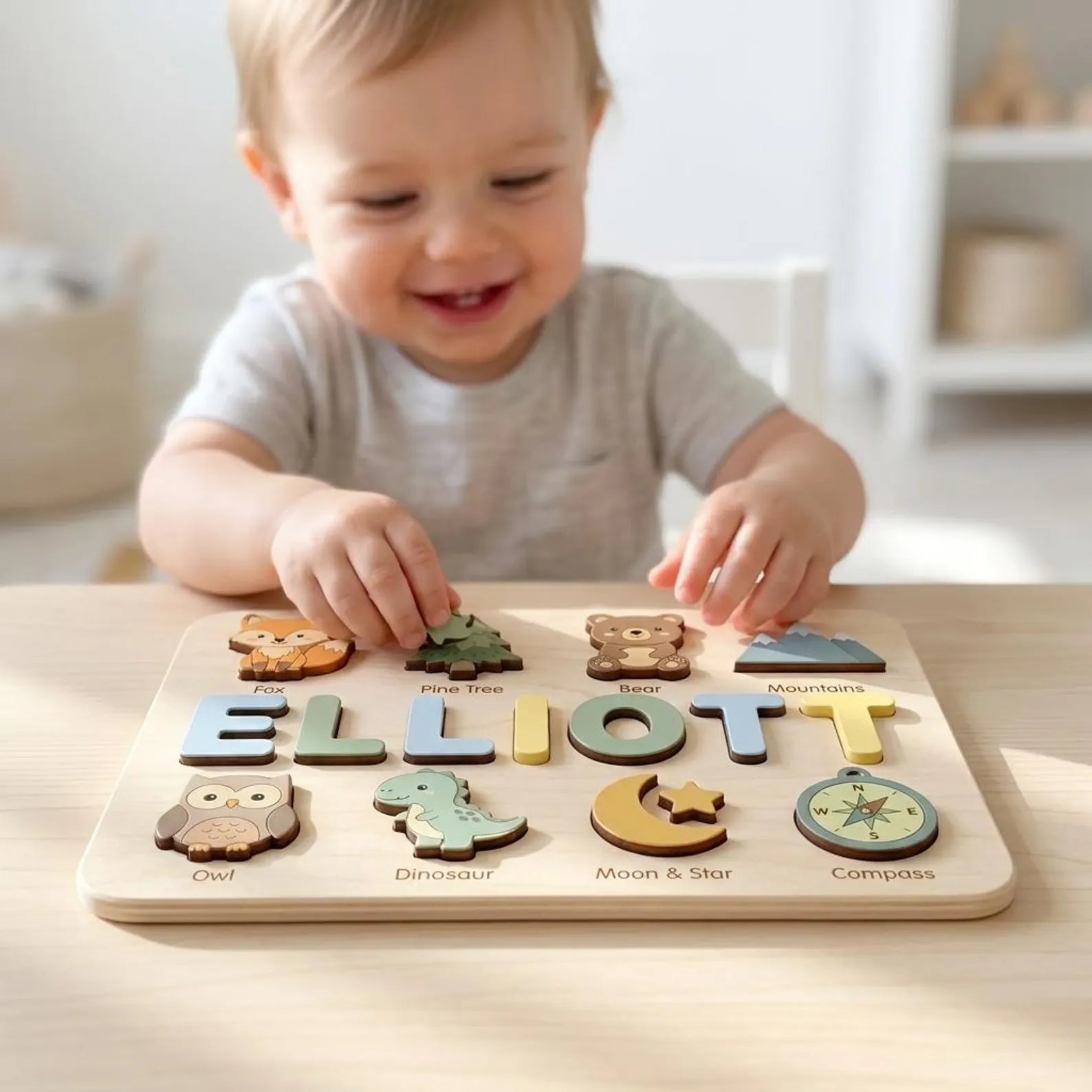 Personalized Name Puzzle, Custom Wooden Name Puzzle, Montessori Baby Gift, Woodland Nursery Decor, Toddler Learning Toy, First Birthday Gift. NPPETAL12