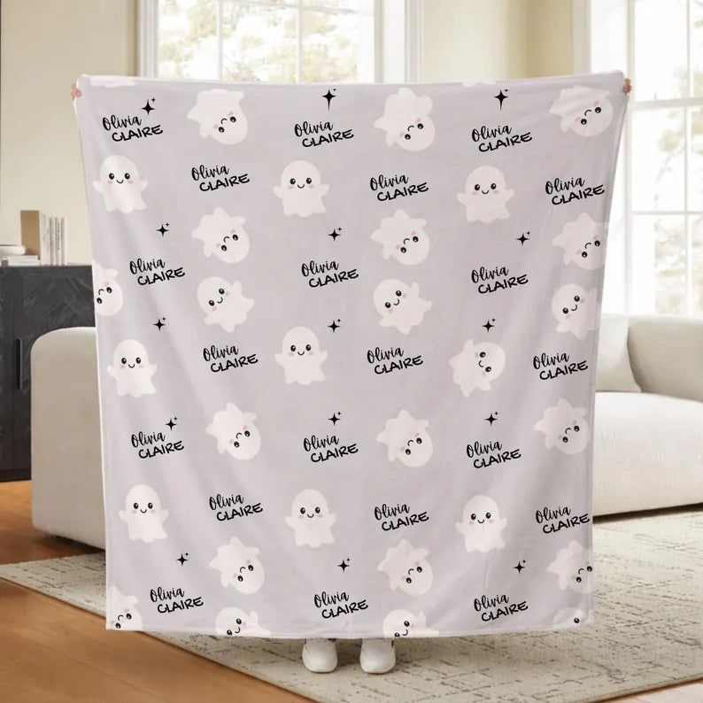 Personalized Ghost Baby Blanket | Custom Baby Name Halloween Blanket | Cute Ghost Nursery Blanket | Baby's First Halloween Gift for Newborn. BLKPETAL8