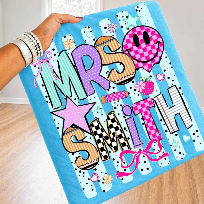 Striped Neon Custom Teacher Name Coquette Bow Shirt, Personalized Teacher Shirt, Teach Love Inspire, Colorful Back to School Teacher Tee. SPETAL5