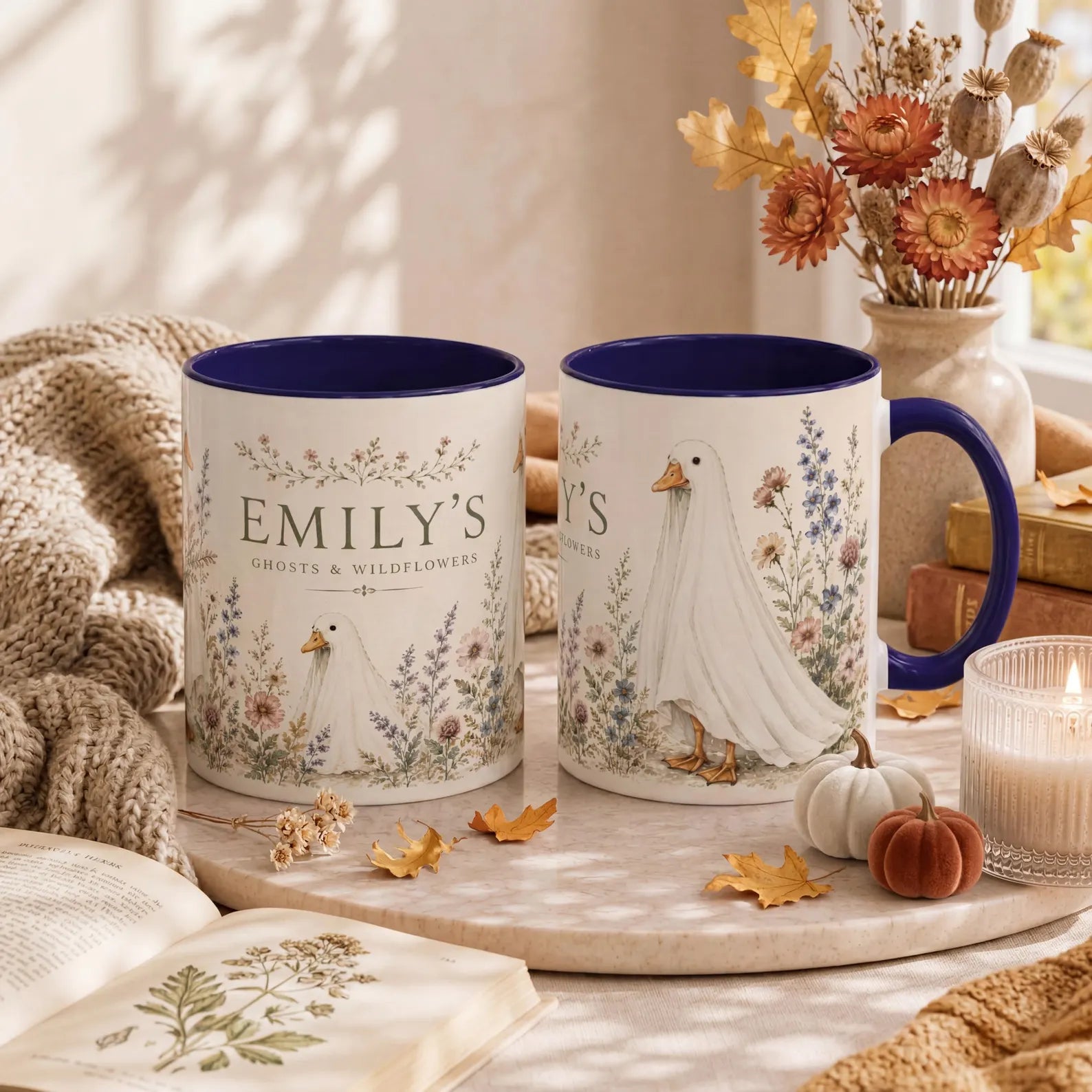 Personalized Ghost Mug, Ghost Wildflowers Mug, Custom Halloween Coffee Mug, Cute Goose Mug, Spooky Season Gift. MPETAL11