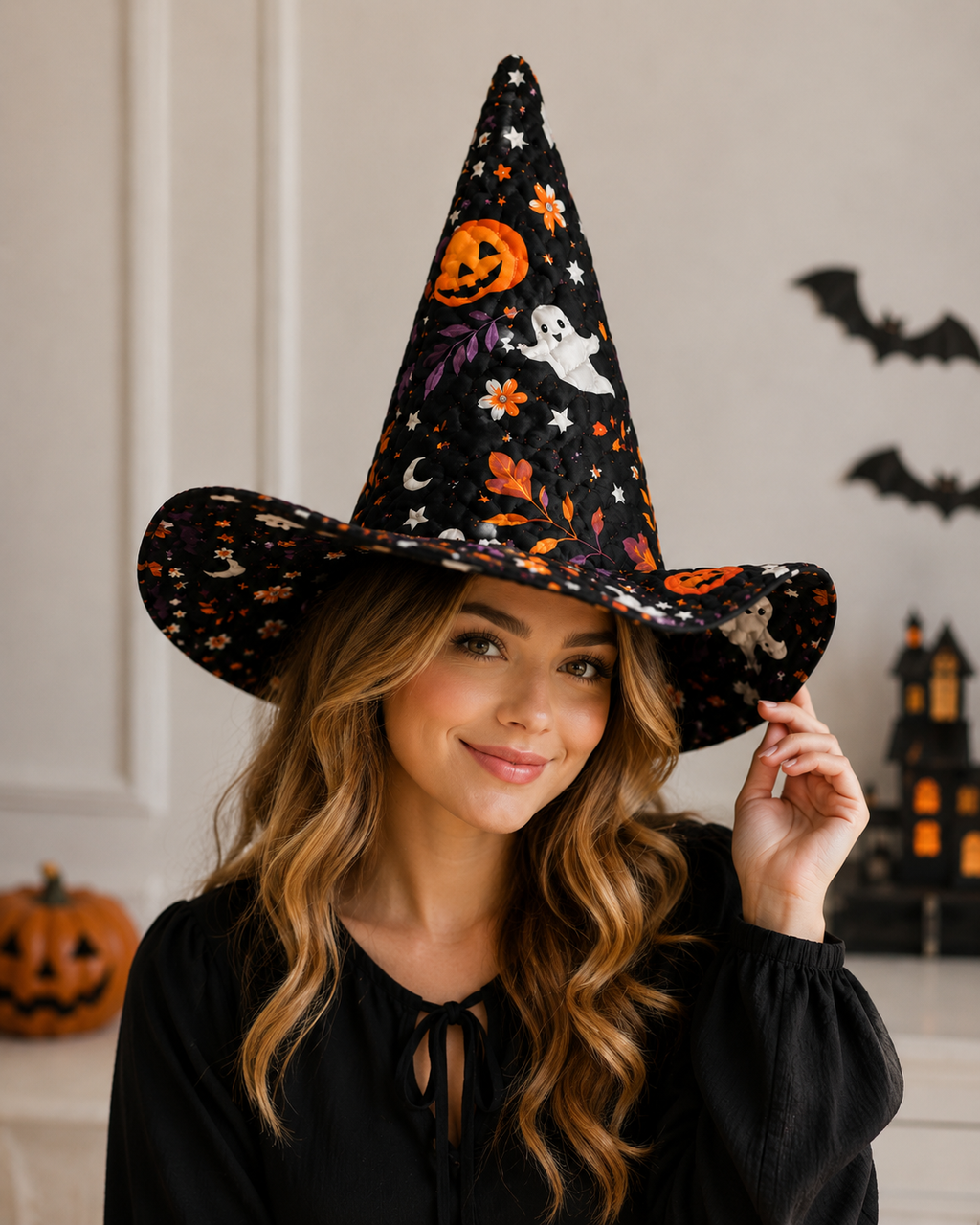 Halloween Quilted Witch Hat for Women – Black Ghost Pumpkin Witch Costume Hat with Soft Padded Quilted Design. QWHPETAL2
