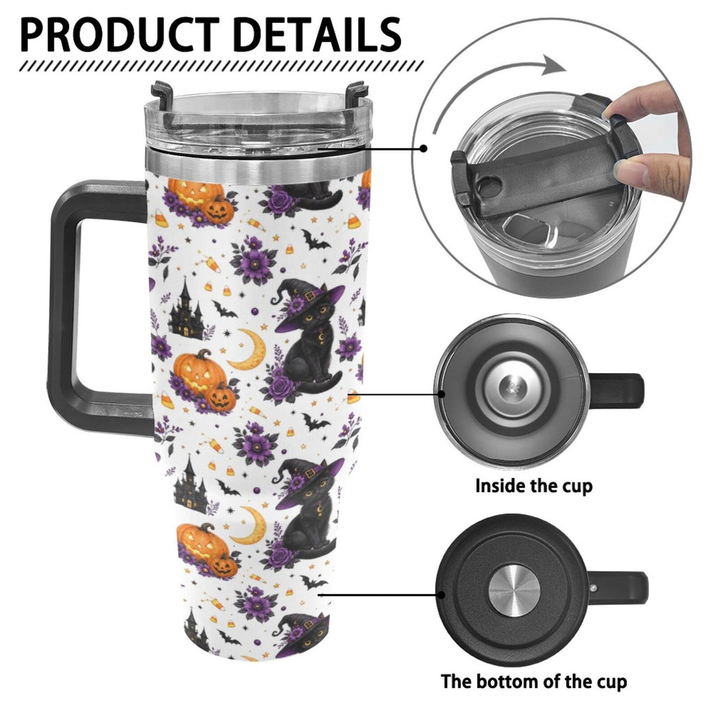 Cute Halloween Black Cat 40oz Tumbler with Handle, Witch Cat Pumpkin Bat Floral Stainless Steel Mug, Spooky Season Drinkware Gift. TBLPETAL2