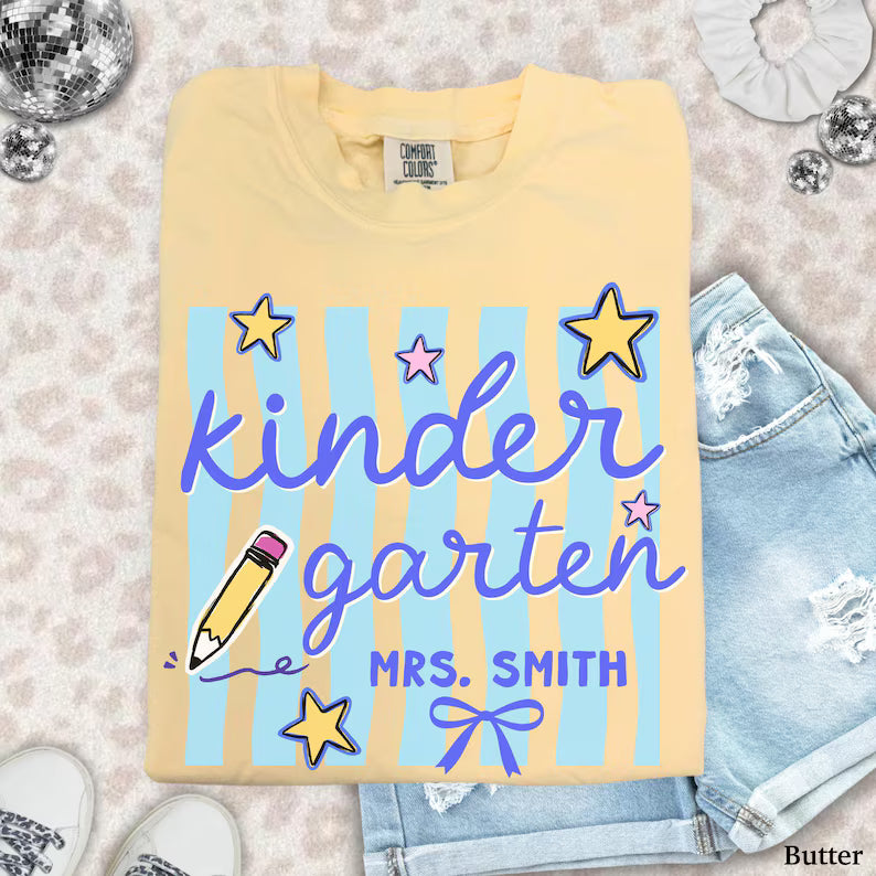 Custom Kindergarten Teacher Shirt, Comfort Colors® Kindergarten Tee, Retro Stripe Kindergarten Team Shirt, Back to School, Elementary Teach. SPETAL7