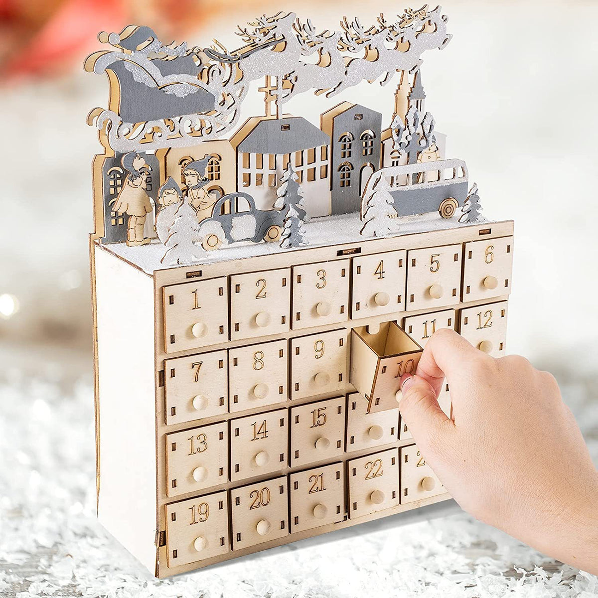 Wooden Christmas Advent Calendar with 24 Drawers, Santa Sleigh Reindeer Village Holiday Countdown Decor – ACPETAL05