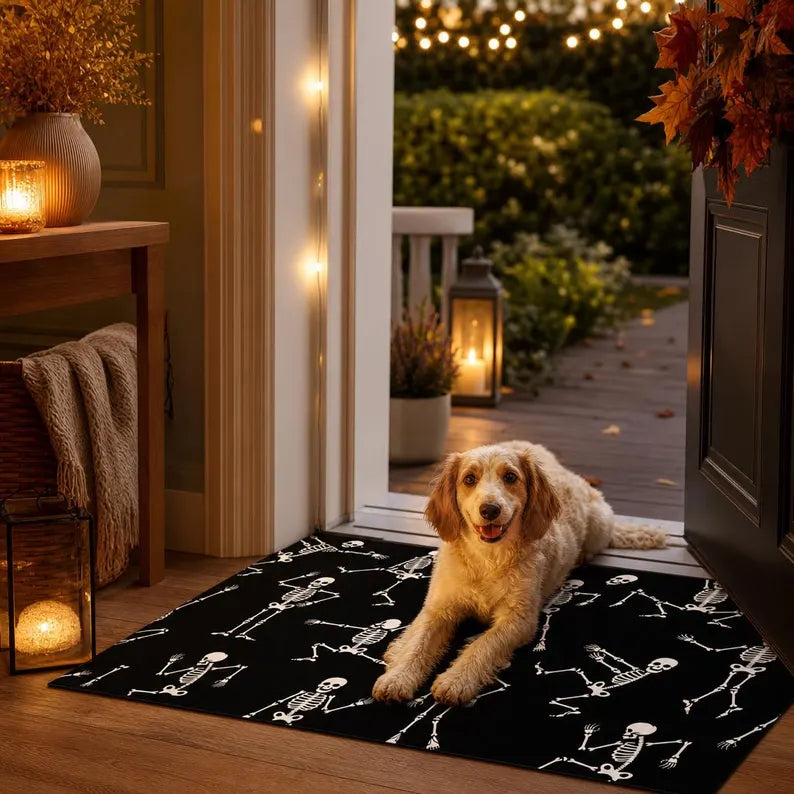 Dancing Skeleton Doormat Halloween Large Black Entry Rug Non-Slip Indoor Outdoor Mat Spooky Decor. DMPETAL20