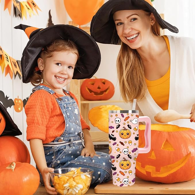 Whaline Halloween Tumbler 40oz Cute Pumpkin Skull Candy Corn Bat Tumbler with Lid Straw Pink Cartoon Stainless Steel Cup with Handle for Home Office Travel. TBLPETAL12
