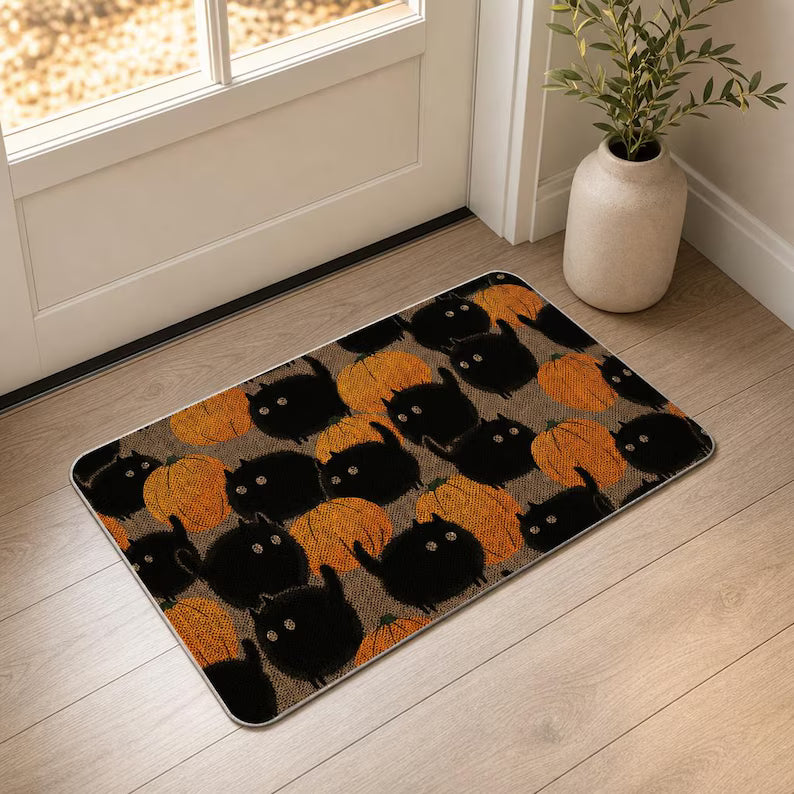 Halloween Doormat Black Cat Pumpkin, Spooky Welcome Mat, Witch Decor, Front Door Rug Gift. DMPETAL17