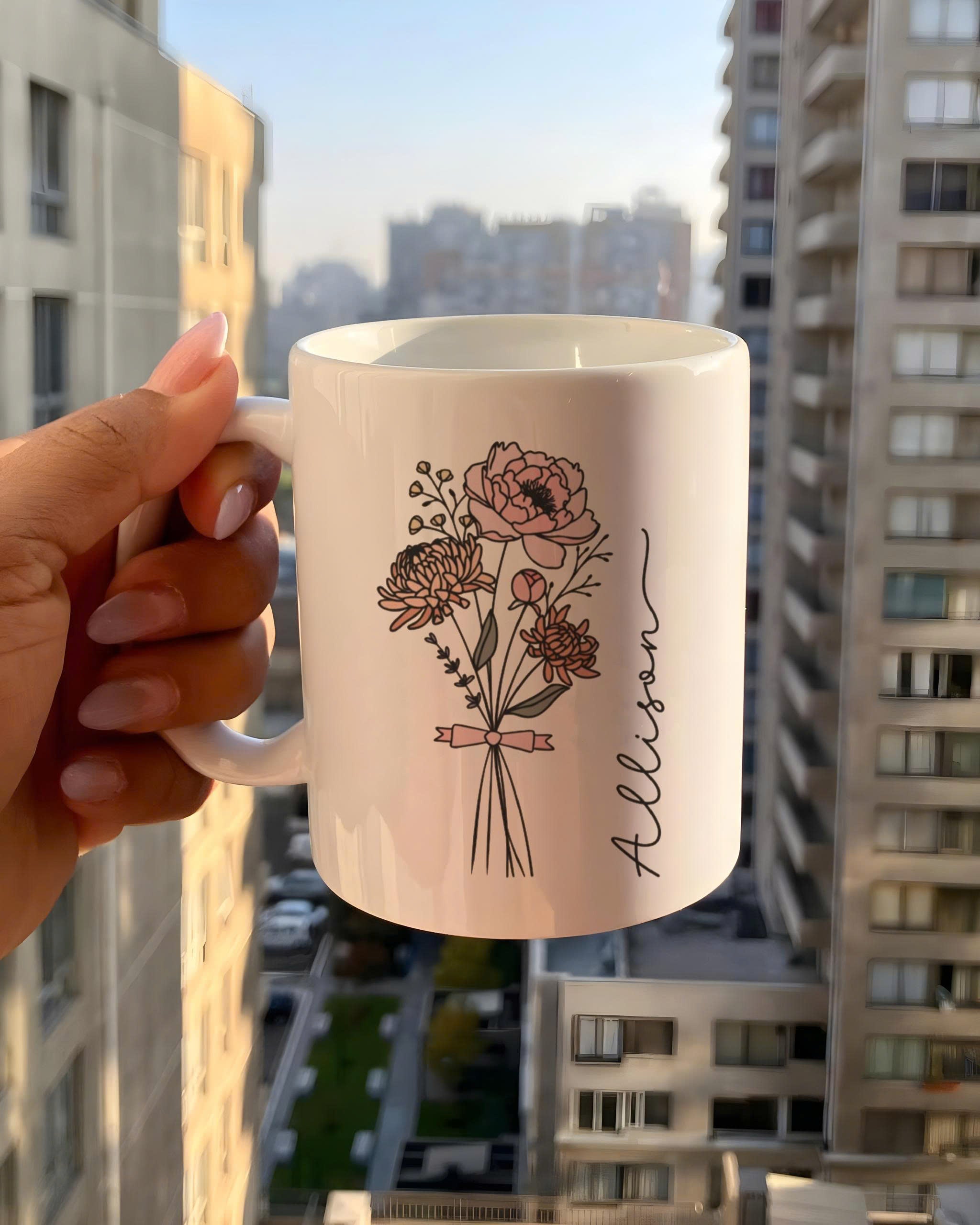 Minimalist Line Art Flower Mug, Personalized Name Coffee Cup with Floral Bouquet Design, Custom Gift for Her Birthday, Bridesmaid, or Mother’s Day