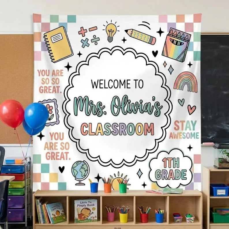 Personalized Teacher Classroom Banner: Welcome Classroom Sign, Back To School Decor,personalized teacher banner. Classroom Banner Custom Name. CBPETAL13